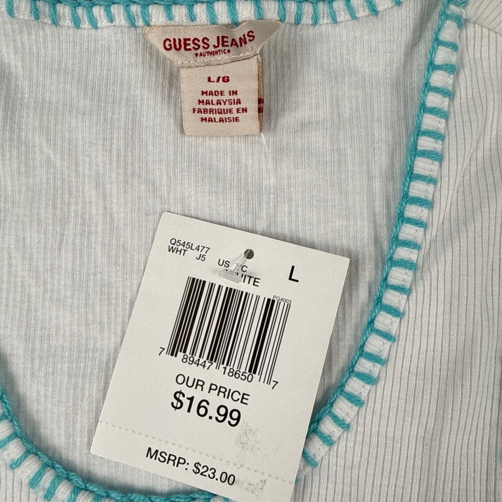 Guess Jeans Women White Ribbed Floral Embroidered Tank Top Lettuce Hem Large NEW - Picture 7 of 7